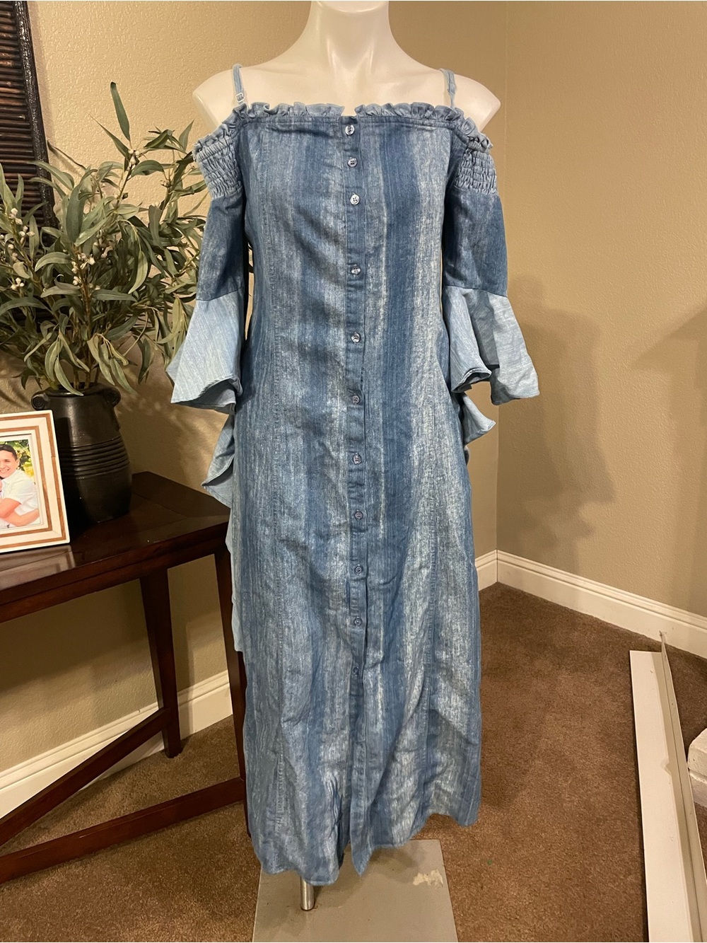 Off-Shoulder Blue Maxi Dress with Button-Front Detail